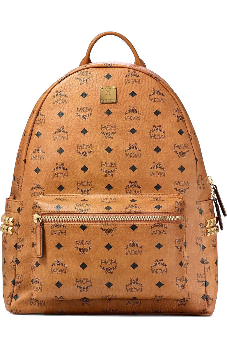 MCM Stark Side Studs Backpack in Visetos, Alternate, color, Cognac