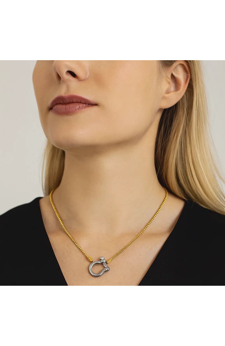 Hollywood Sensation Lucky Lock Carabiner Necklace Two-Tone Mixed Metal Horseshoe Pendant Chain, Alternate, color, Gold Necklace Silver Carabiner