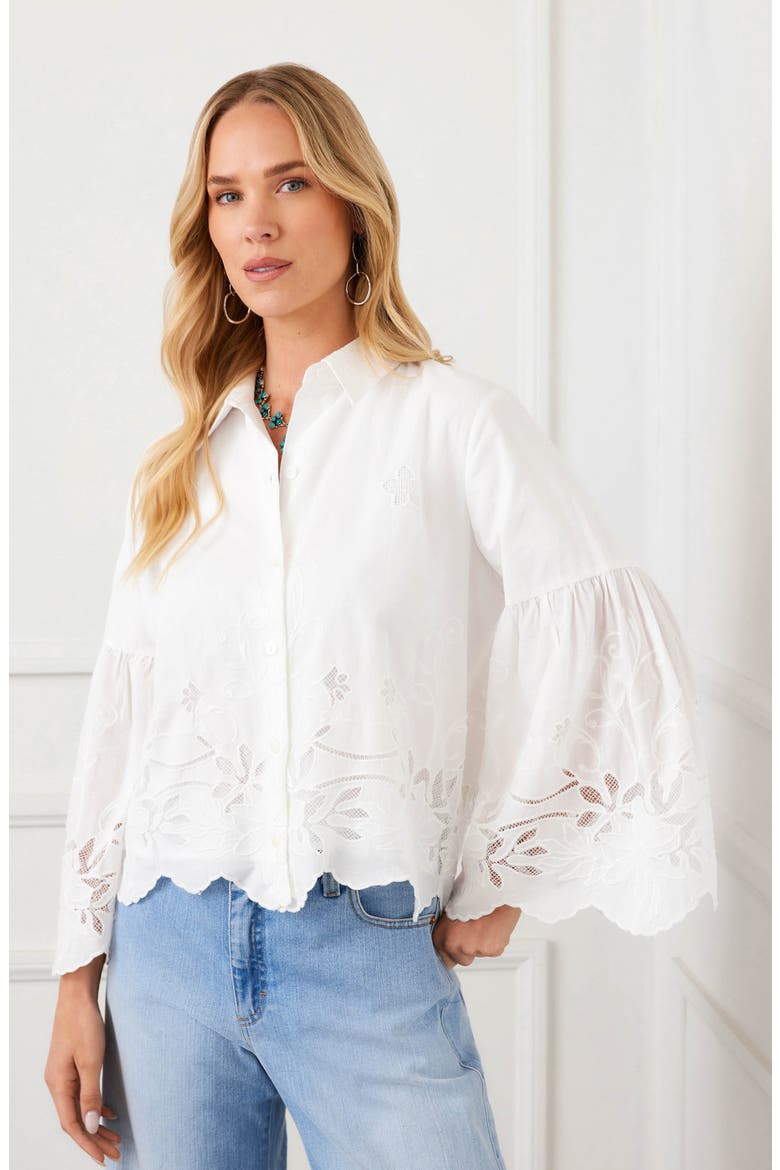 Embroidered Bell Sleeve Cotton Button-Up Shirt, Alternate, color, OFF WHITE