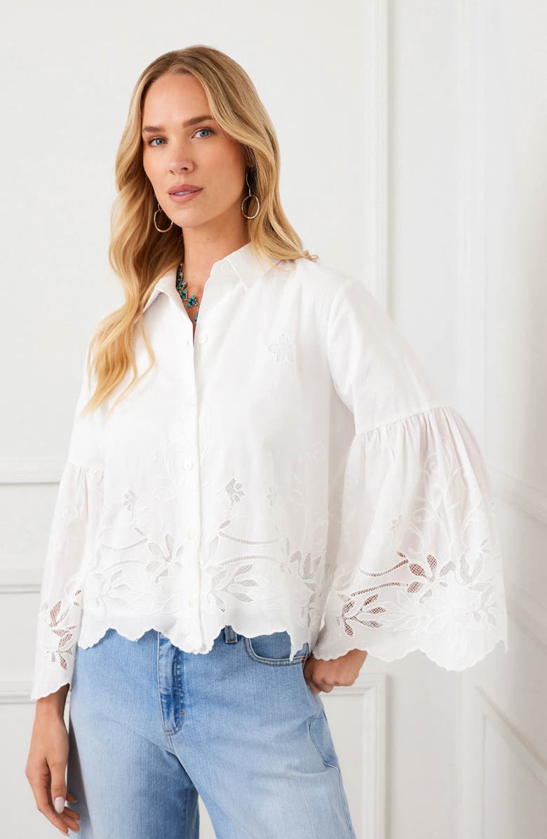 Karen Kane Embroidered Bell Sleeve Cotton Button-Up Shirt, Alternate, color, Off White