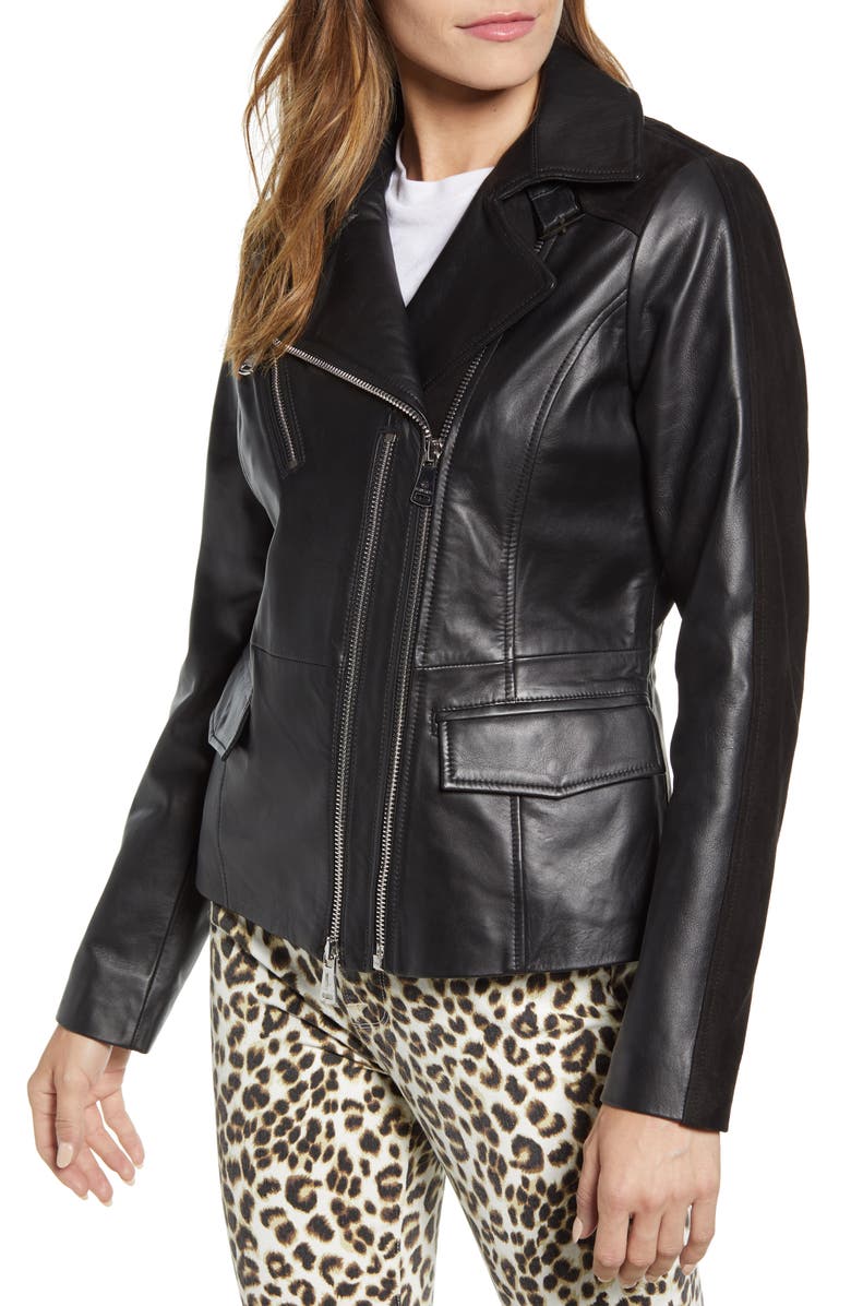 Bernardo Suede Detail Leather Moto Jacket, Alternate, color,