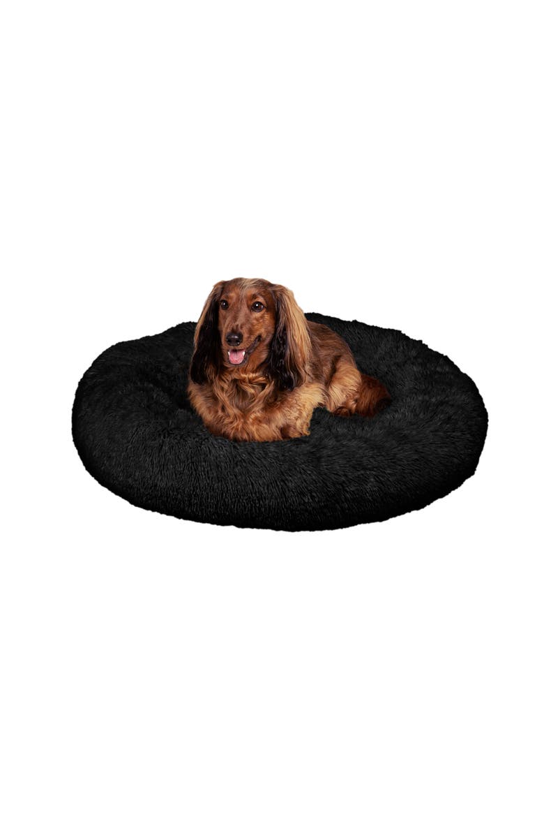 Maisie Bohemian Glam Faux Fur Round Fluffy Calming Donut Pet Bed with Washable Cover, Main, color, Black