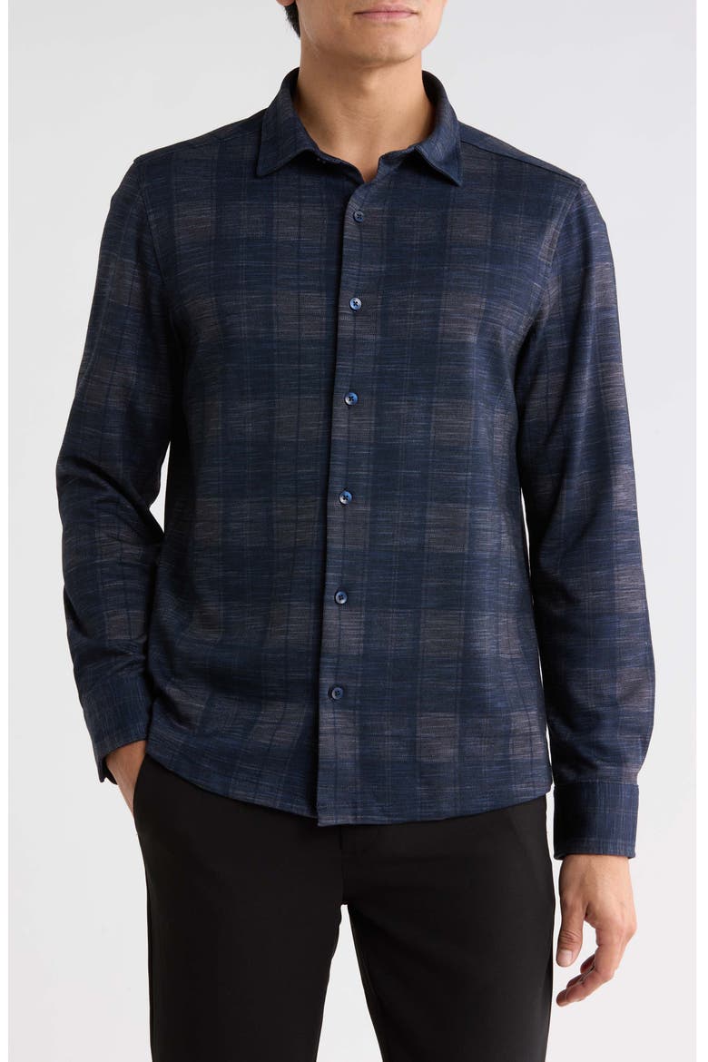 Meteor Plaid Knit Button-Up Shirt, Main, color, DARK INDIGO