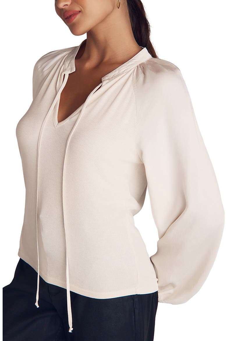 Tie Neck Rib Mixed Media Top, Alternate, color, IVORY STONE