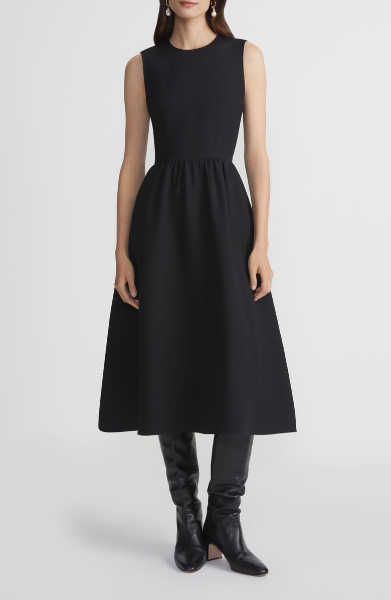 Lafayette 148 New York Sleeveless Wool & Silk Crepe A-Line Dress with Baroque Pearl Charm, Main, color, Black