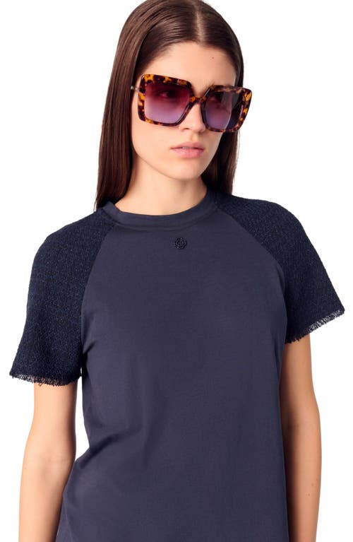 Maje Womens Branded Tweed-sleeved Cotton-jersey T-shirt Bleus