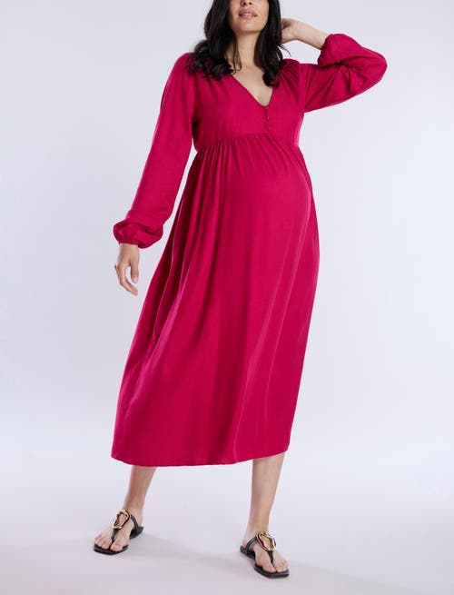 Motherhood Maternity Long Sleeve Button Front Maternity Midi Dress In Cerise