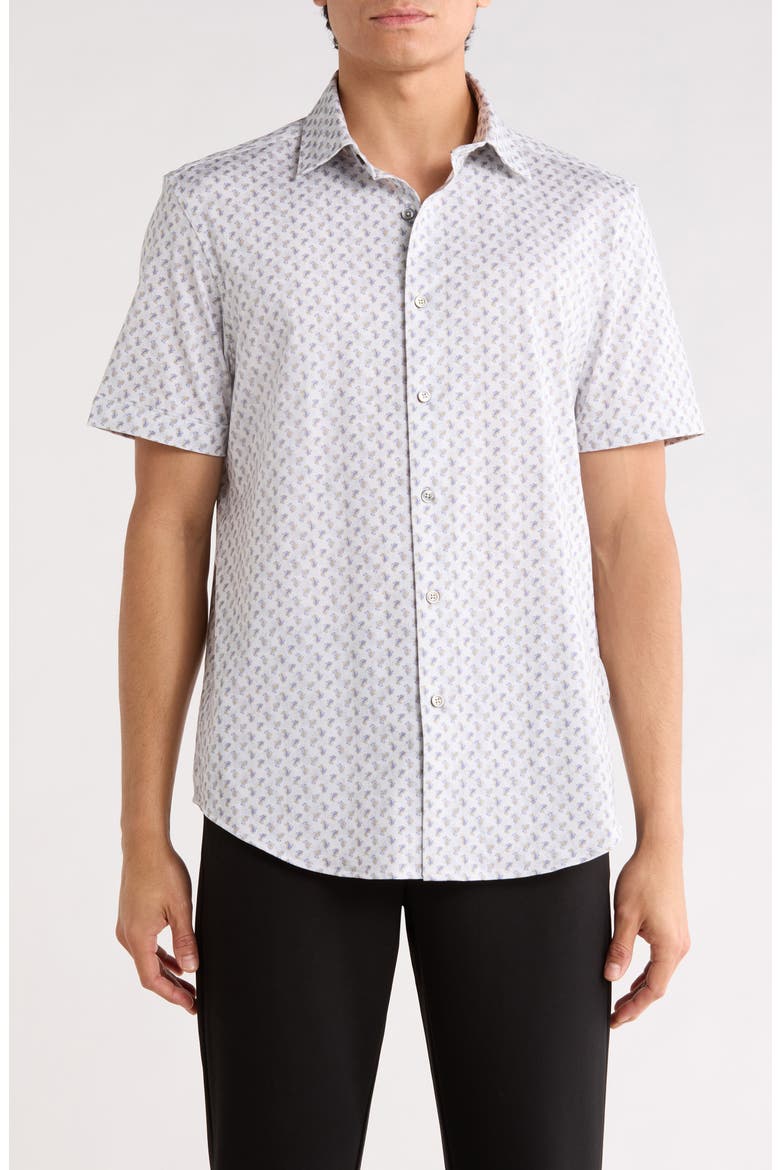 Pasiley Print Stretch Cotton Short Sleeve Button-Up Shirt, Main, color, ALMOND