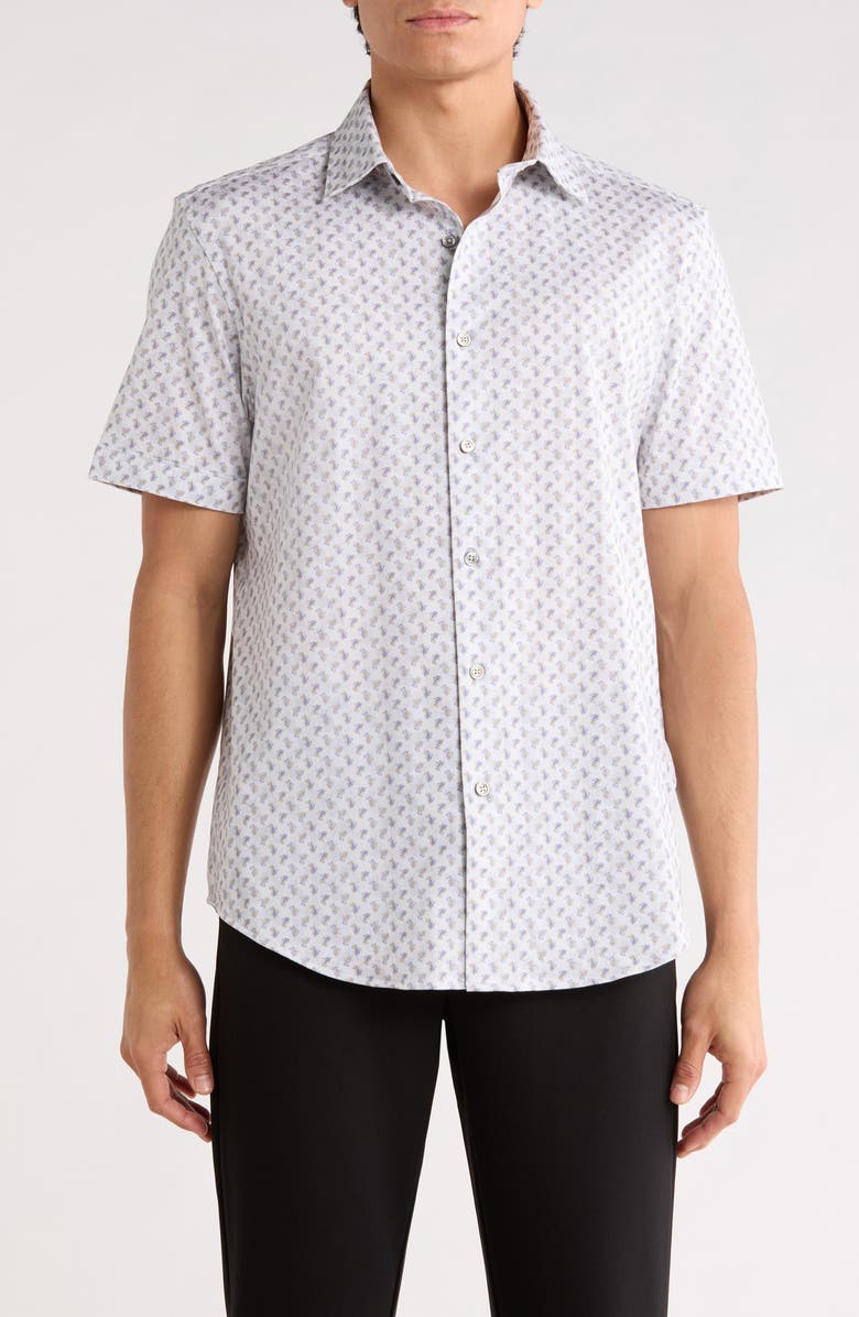 Bugatchi Pasiley Print Stretch Cotton Short Sleeve Button-Up Shirt, Main, color, Almond