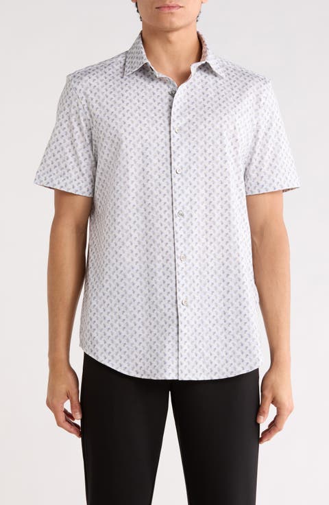 Pasiley Print Stretch Cotton Short Sleeve Button-Up Shirt