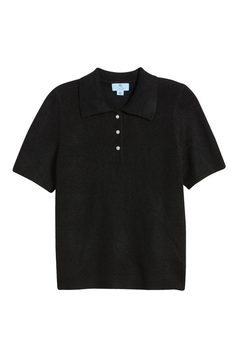 Imitation Pearl Button Polo Sweater, Alternate, color, RICH BLACK