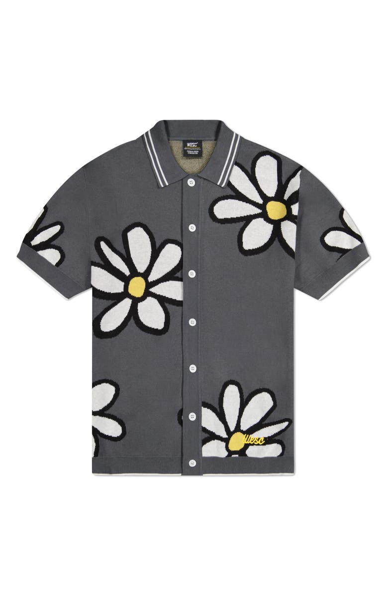 WeSC Daisy Jacquard Short Sleeve Cotton Button-Up Polo Sweater, Main, color, Asphalt