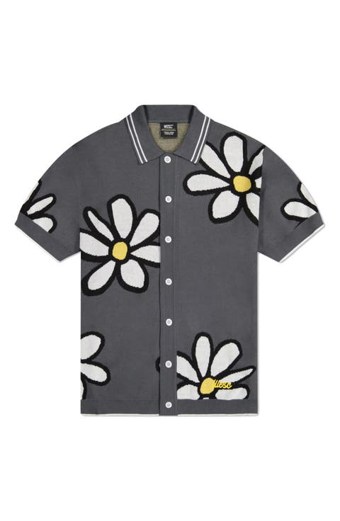 Daisy Jacquard Short Sleeve Cotton Button-Up Polo Sweater