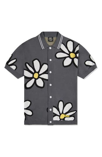 Wesc Daisy Jacquard Short Sleeve Cotton Button-up Polo Sweater In Gray