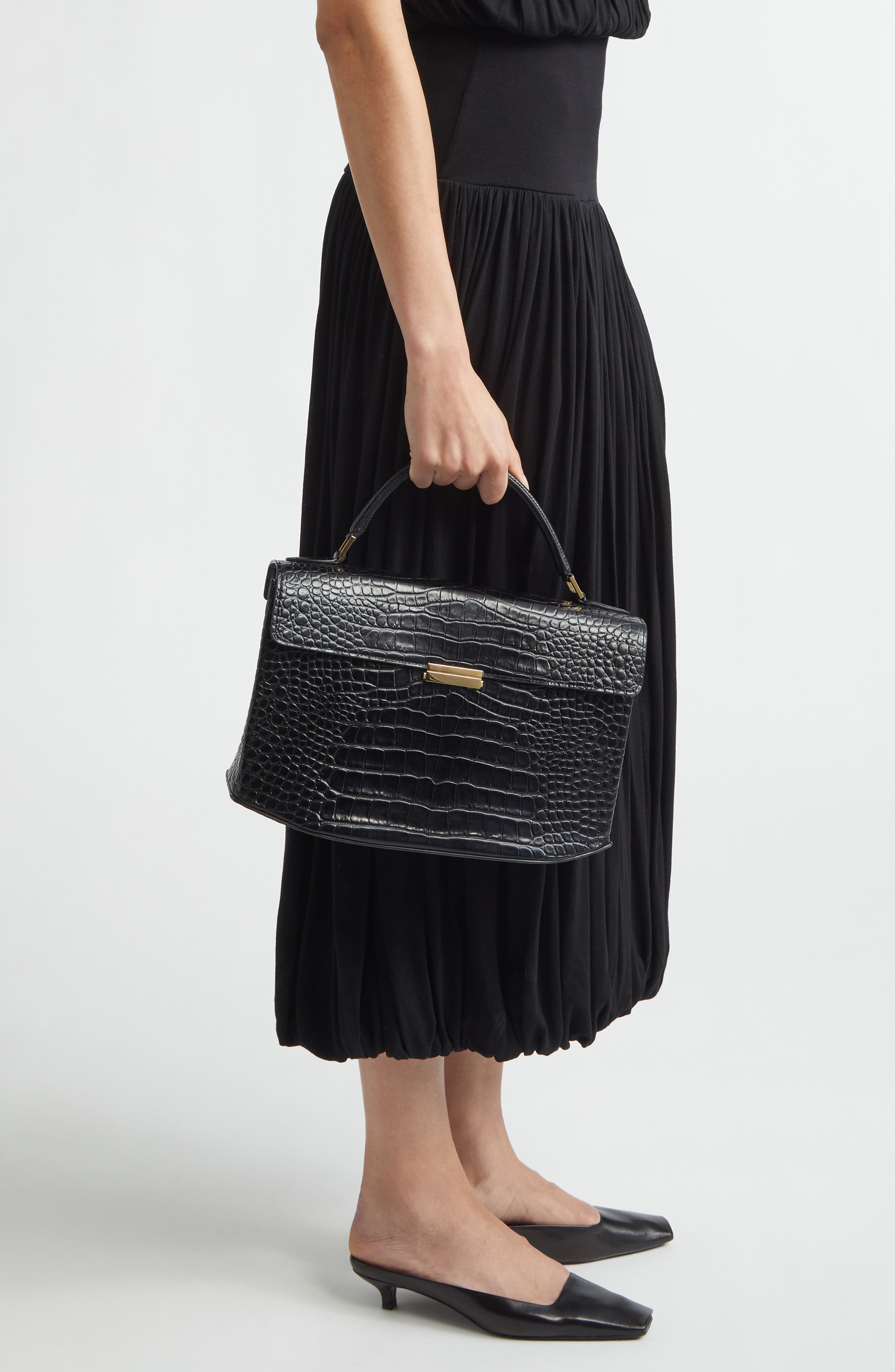 TOTEME Clip Croc-Embossed Leather Top Handle Bag, Alternate, color, Black