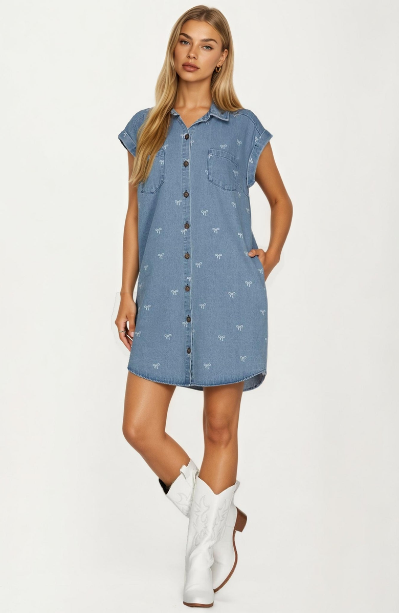 Knit and Lounge Embroidered Denim Shirt Dress with Button Front, Alternate, color, 