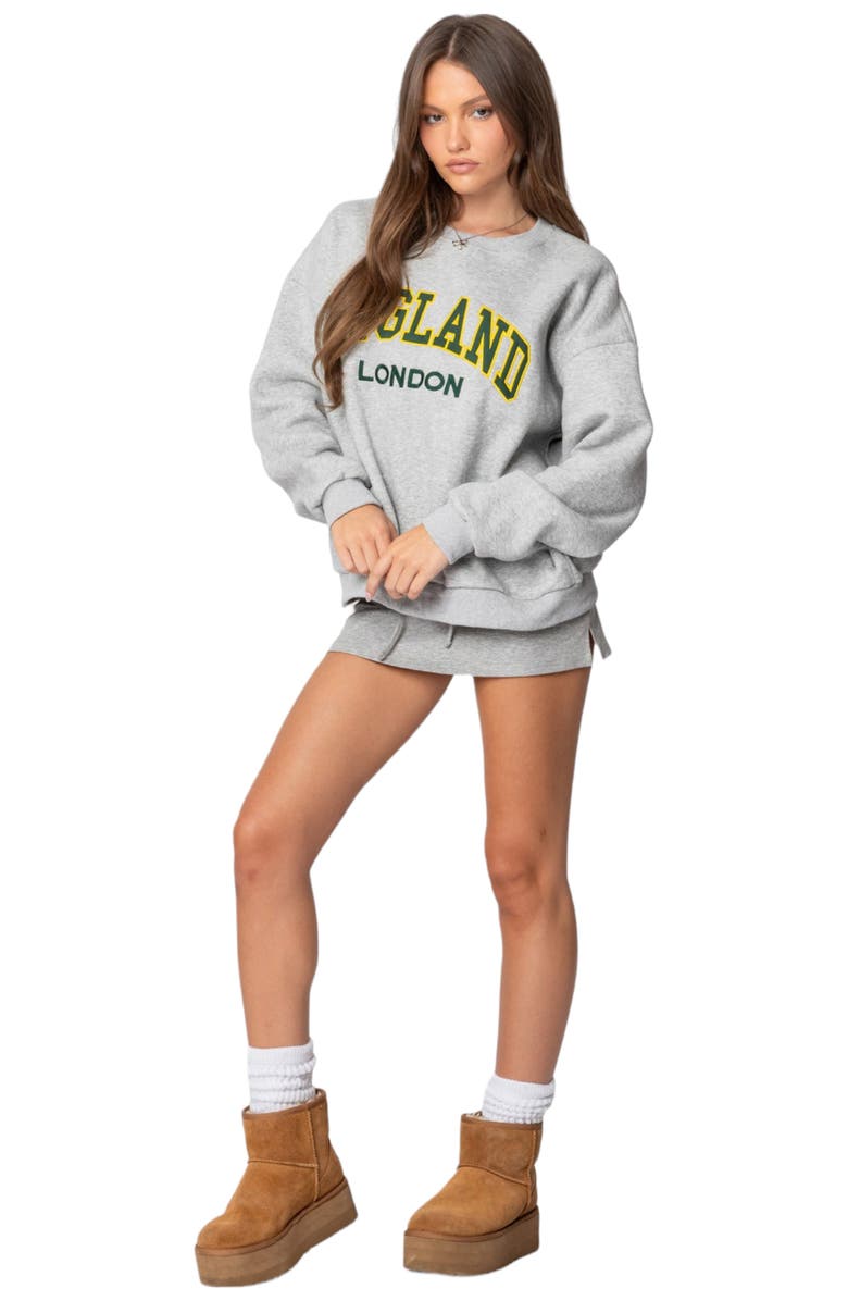EDIKTED England Embroidered Fleece Sweatshirt, Alternate, color, Gray-Melange