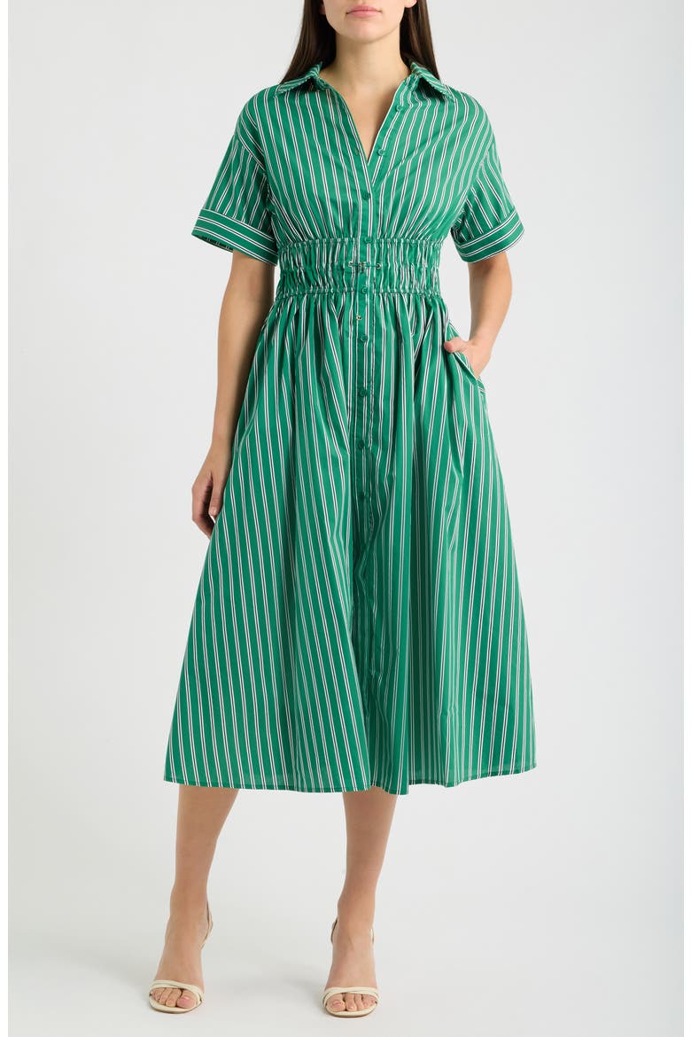 Stripe Drawcord Waist Shirtdress, Main, color, GREEN STRIPE