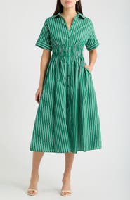 En Saison Stripe Drawcord Waist Shirtdress