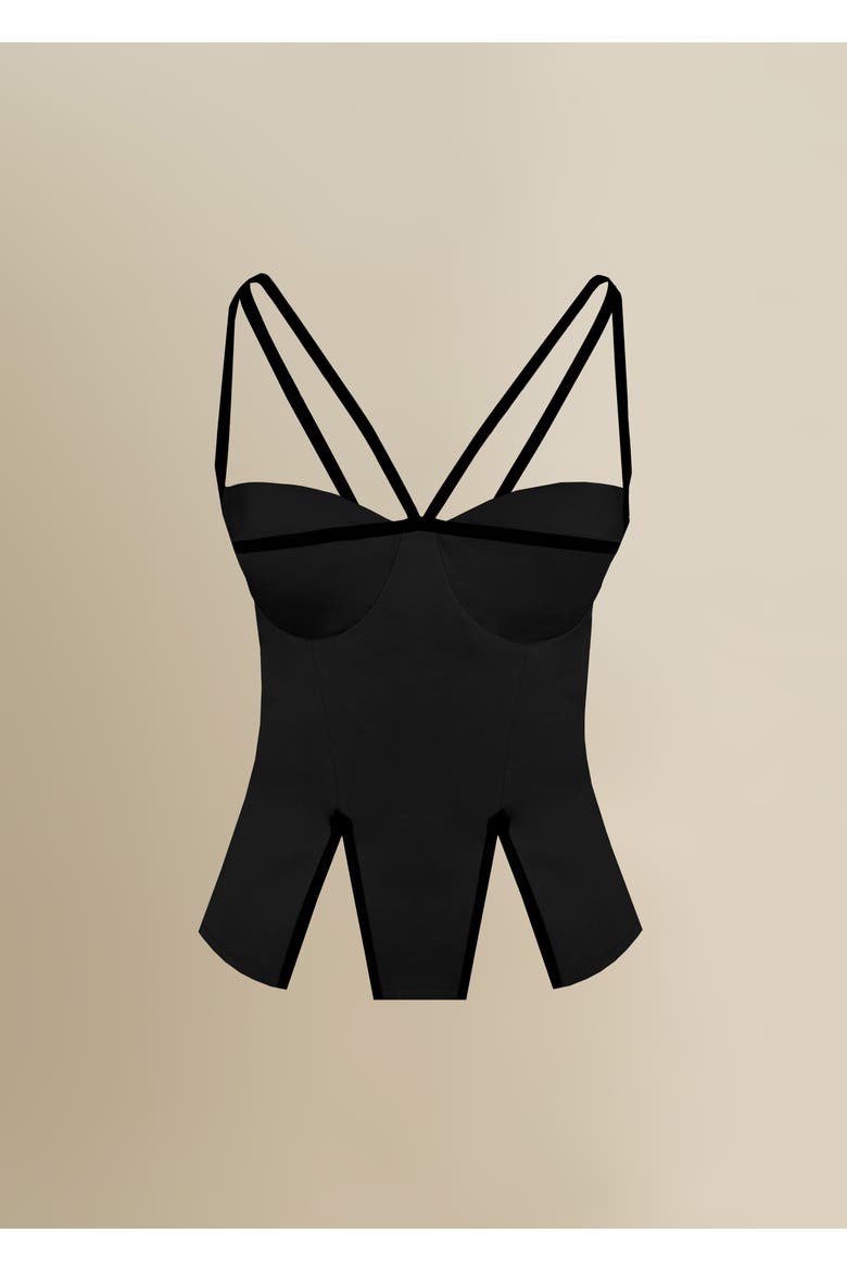Madeleine Fitted Corset-Inspired Poplin Top, Main, color, Black