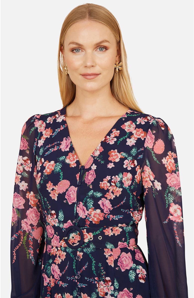 Yumi Belted Floral Midi Dress, Alternate, color, Navy