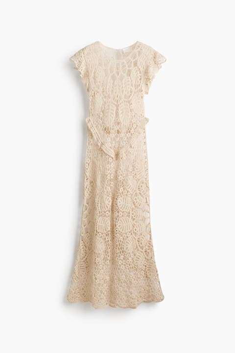 Flutter-sleeved Crochet-look Dress