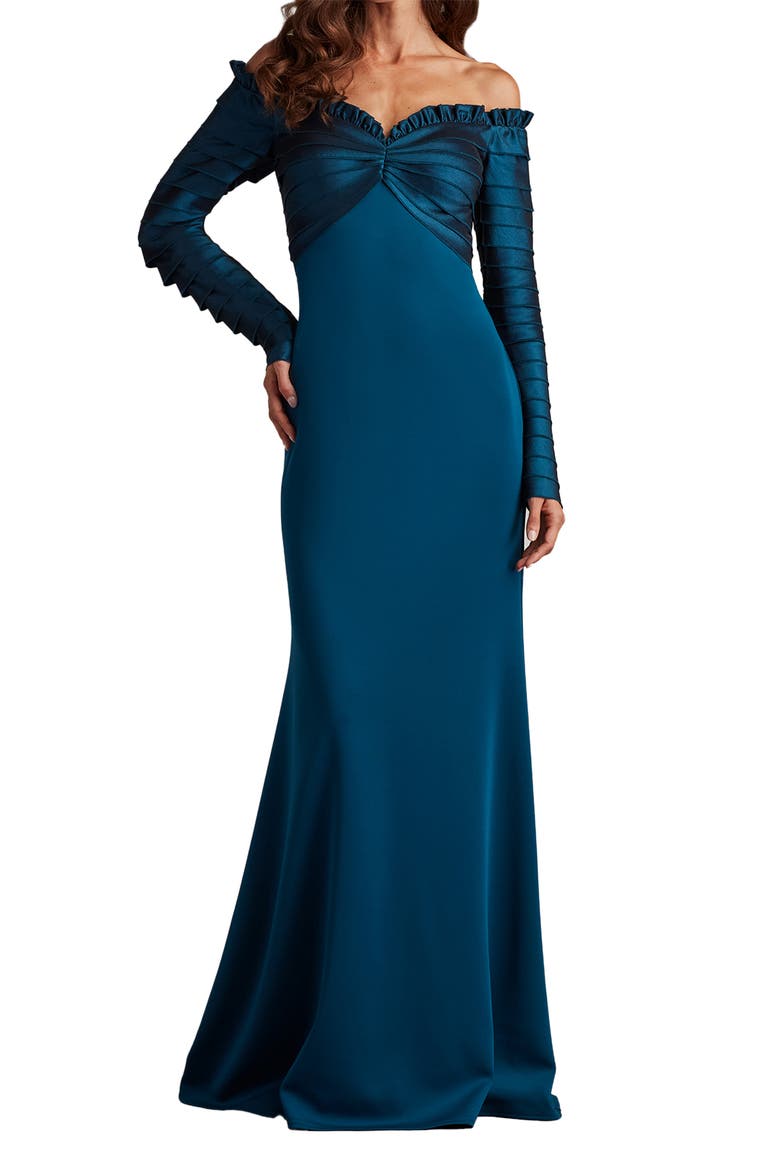 Off the Shoulder Long Sleeve Mermaid Gown, Main, color, CERULEAN
