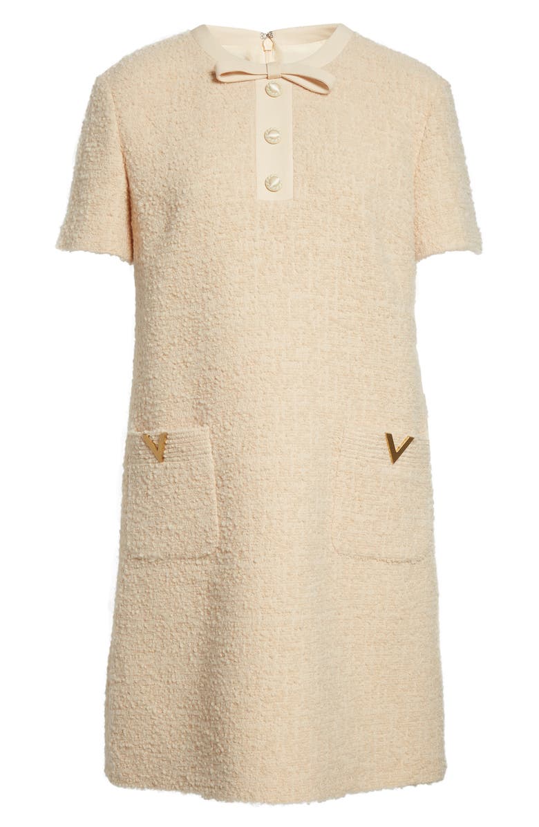 Valentino V-Detail Bouclé Tweed A-Line Dress, Main, color, White