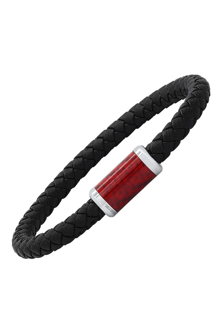 Men's Stainless Steel Red Carbon Black Braided Leather Bracelet, Alternate, color, BLACK-RED-METALLIC