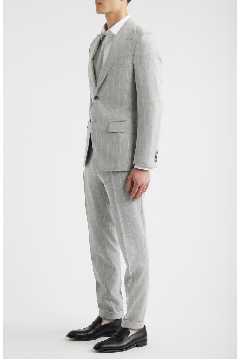 Huge Slim Fit Light Grey Stripe Peak Lapel Cotton & Wool Suit, Alternate, color, OPEN GREY