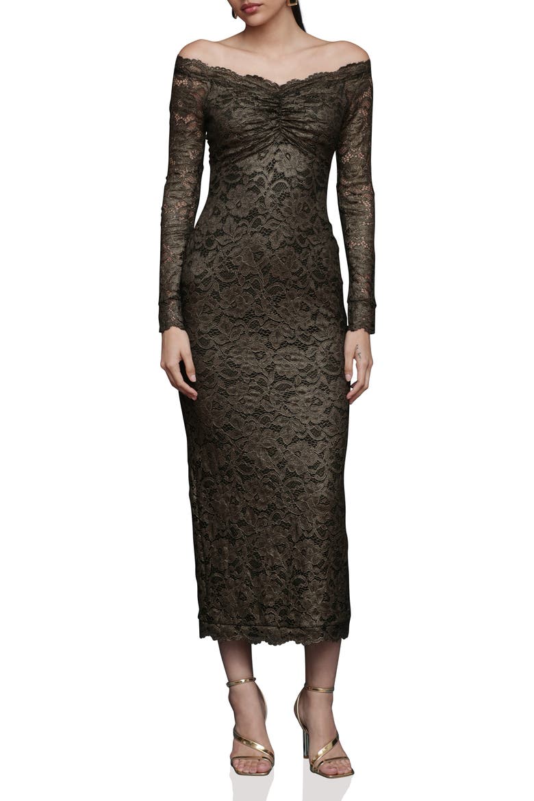Lace Off the Shoulder Long Sleeve Midi Dress, Main, color, BLACK AND GOLD