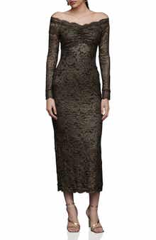 Avec Les Filles Lace Off the Shoulder Long Sleeve Midi Dress