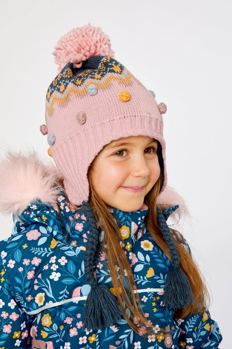Winter Peruvian Fleece-Lined Braided Pompom Knit Hat, Alternate, color, Pink and Blue Jacquard