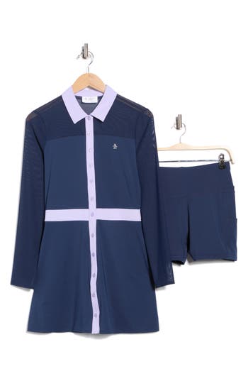 Original Penguin Long Sleeve Colorblock Shirtdress In Blue