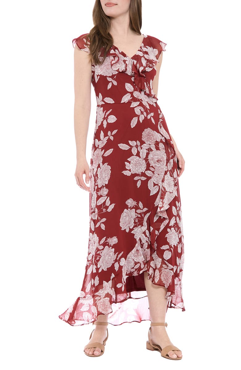 London Times Ruffle Wrap Maxi Dress, Main, color, Wine White
