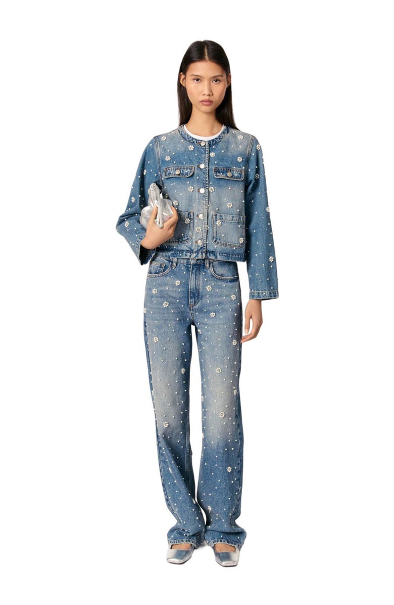 maje Embroidered denim jacket, Main, color, Blue