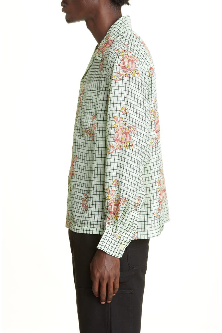 Mint Grid Floral Silk Button-Up Camp Shirt, Alternate, color, MINT MULTI