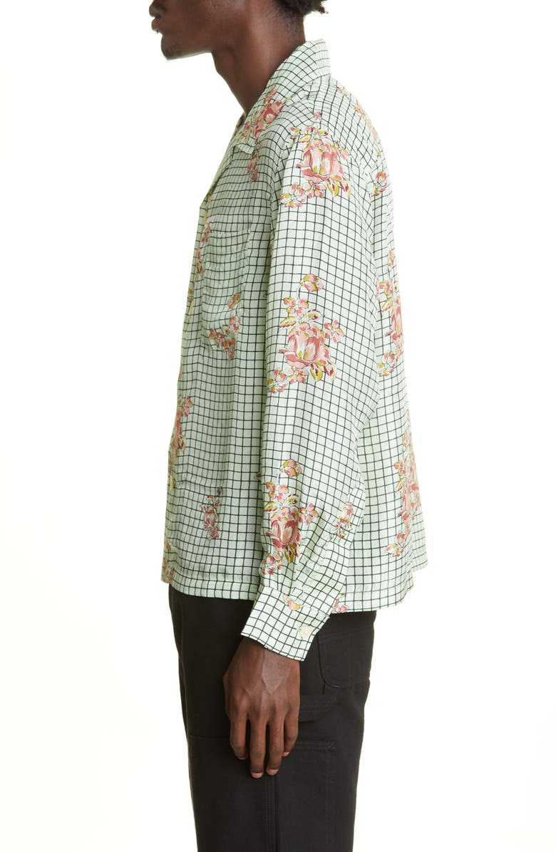 Bode Mint Grid Floral Silk Button-Up Camp Shirt, Alternate, color,