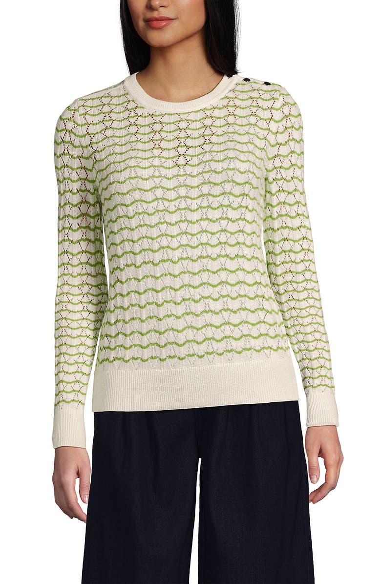 Lands' End Cotton Viscose Button Shoulder Modern Crew Sweater, Alternate, color, Pistachio/Ivory Stitch Stripe