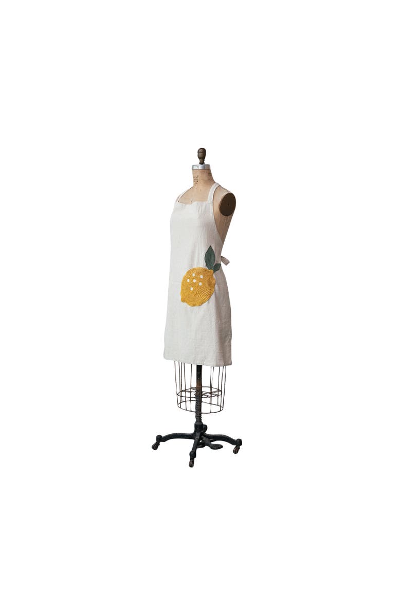 Embroidered Cotton and Linen Apron with Pocket, Cream and Yellow, Main, color, Yellow