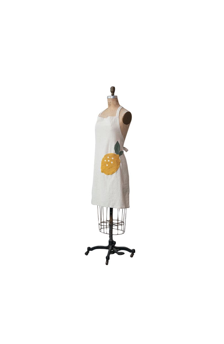 Storied Home Embroidered Cotton and Linen Apron with Pocket, Cream and Yellow, Main, color, Yellow
