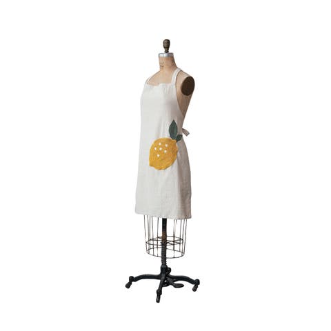 Embroidered Cotton and Linen Apron with Pocket, Cream and Yellow