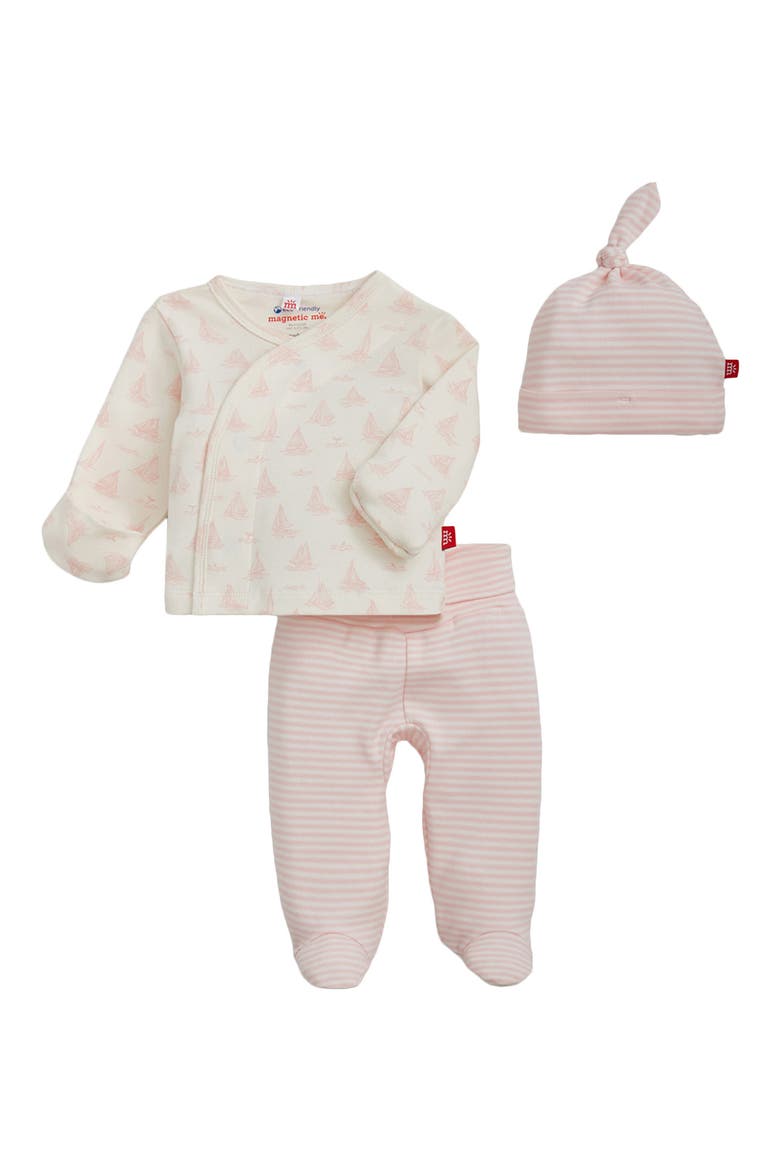 Tiny Tides Organic Cotton Top, Footed Pants & Hat Set, Alternate, color, WHITE