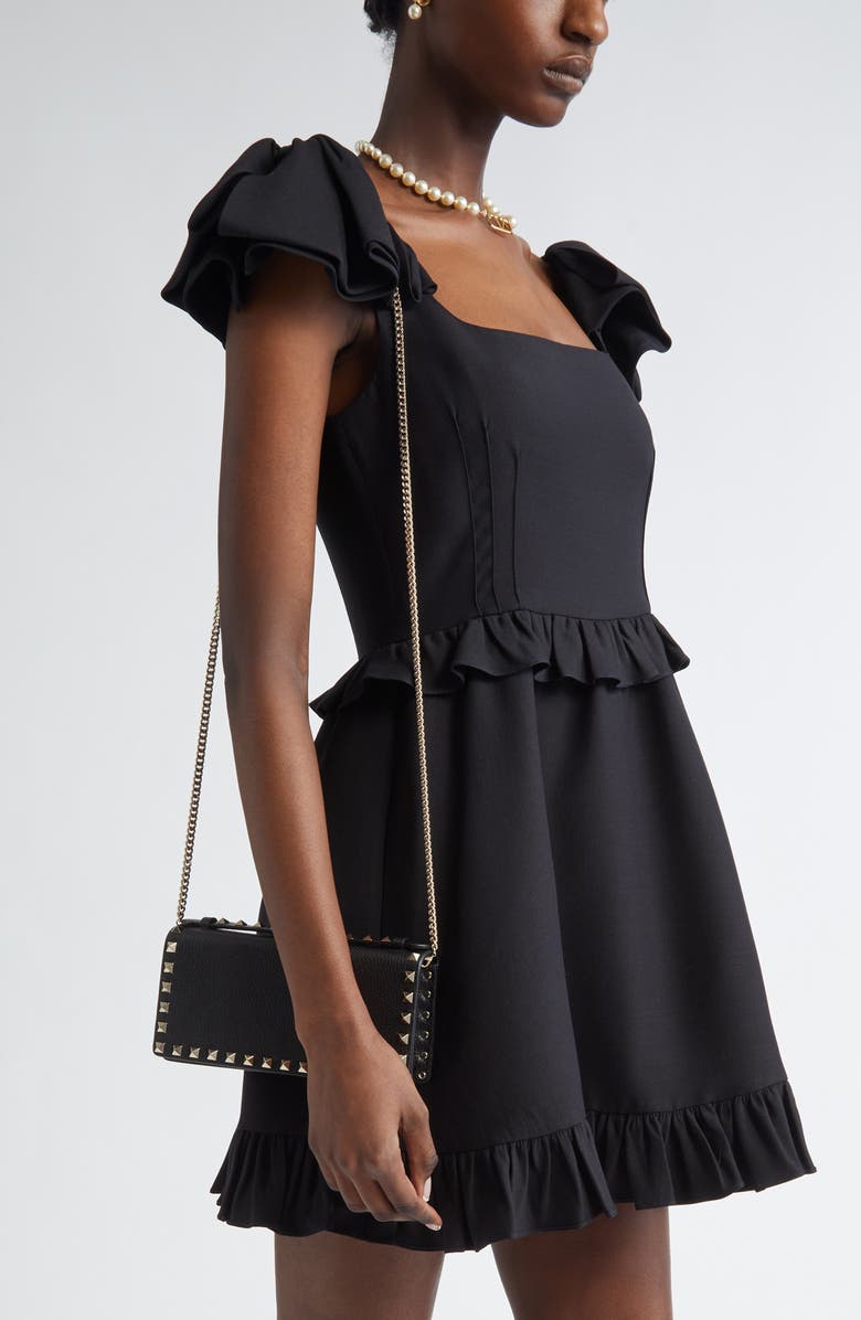 Valentino Garavani Rockstud Leather Wallet on a Chain, Alternate, color, Black