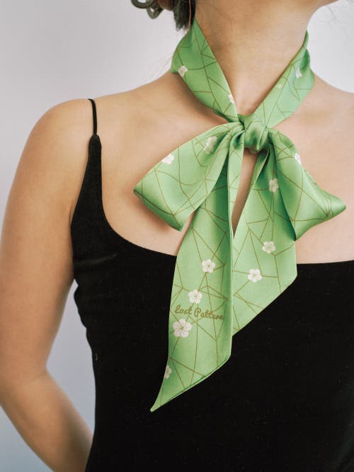 Lost Pattern Nyc "almond Blossom" Silk Skinny Scarf In Green