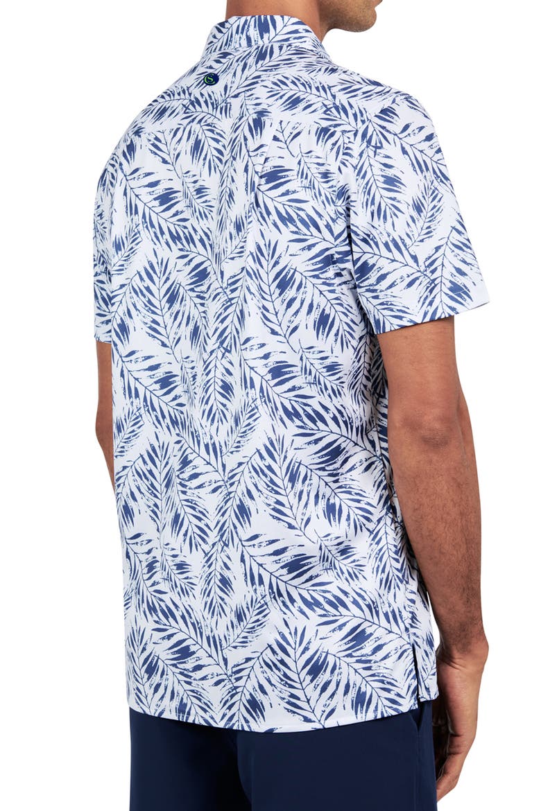 Regular Fit Leaf Print Recycled Performance Golf Button-Down Shirt, Alternate, color, WHITE/BLUE
