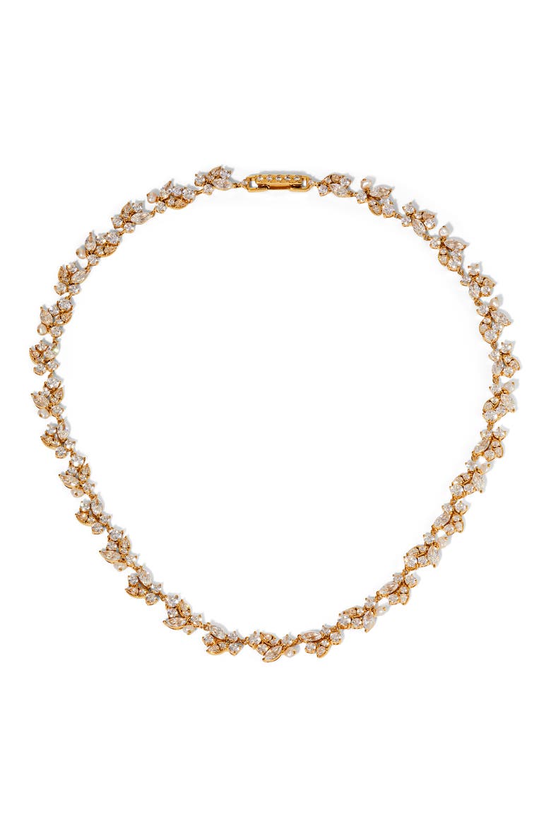 Ravish Laurel Cubic Zirconia & Cultured Purl Collar Necklace, Main, color, GOLD