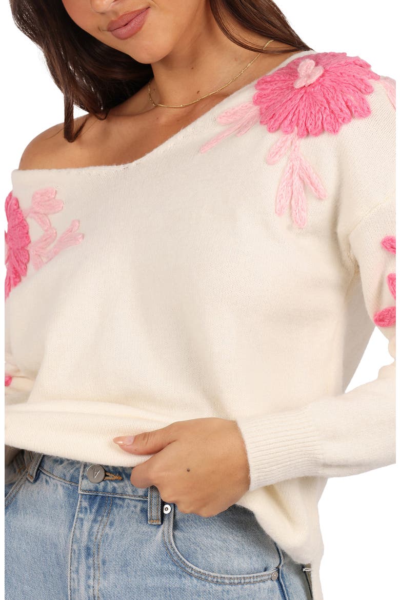 Celeste Flower Embroidered V-Neck Sweater, Alternate, color, CREAM/ PINK