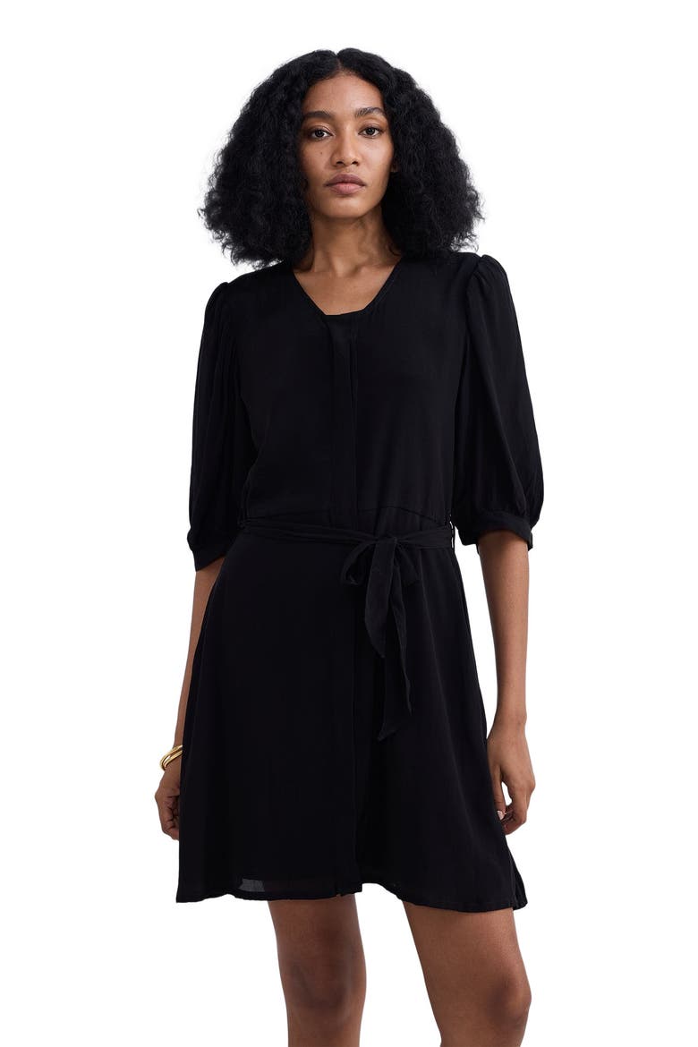 Short Black Dress with a Waist-tie in Black, Alternate, color, Black