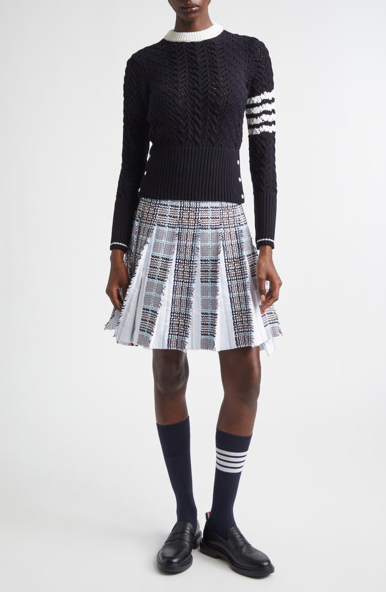 Thom Browne 4-Bar Pointelle Cable Virgin Wool Sweater, Alternate, color, Navy